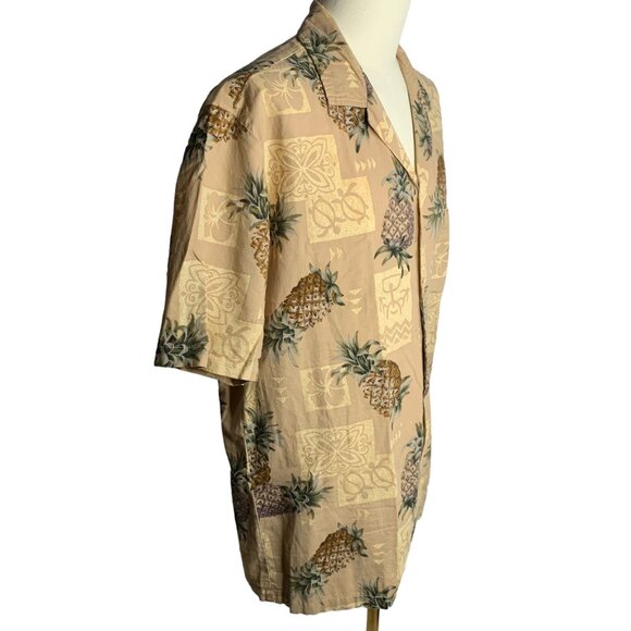 Button Up Hawaiian Camp Shirt XL Tan Pineapples Polynesian Short Sleeve Pocket - Picture 5 of 5